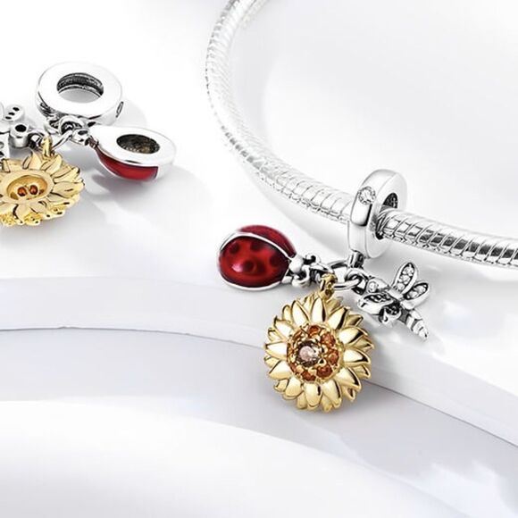 Ladybug Sunflower and Dragonfly Tri Dangle Charm S925 Silver 14K Gold Plated - Picture 10 of 11